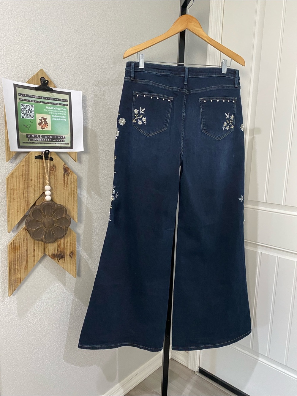 Driftwood Anthropologie Embroidered Wide-Leg Dark Blue Women’s Jeans W33” L32.5” - Picture 3 of 8